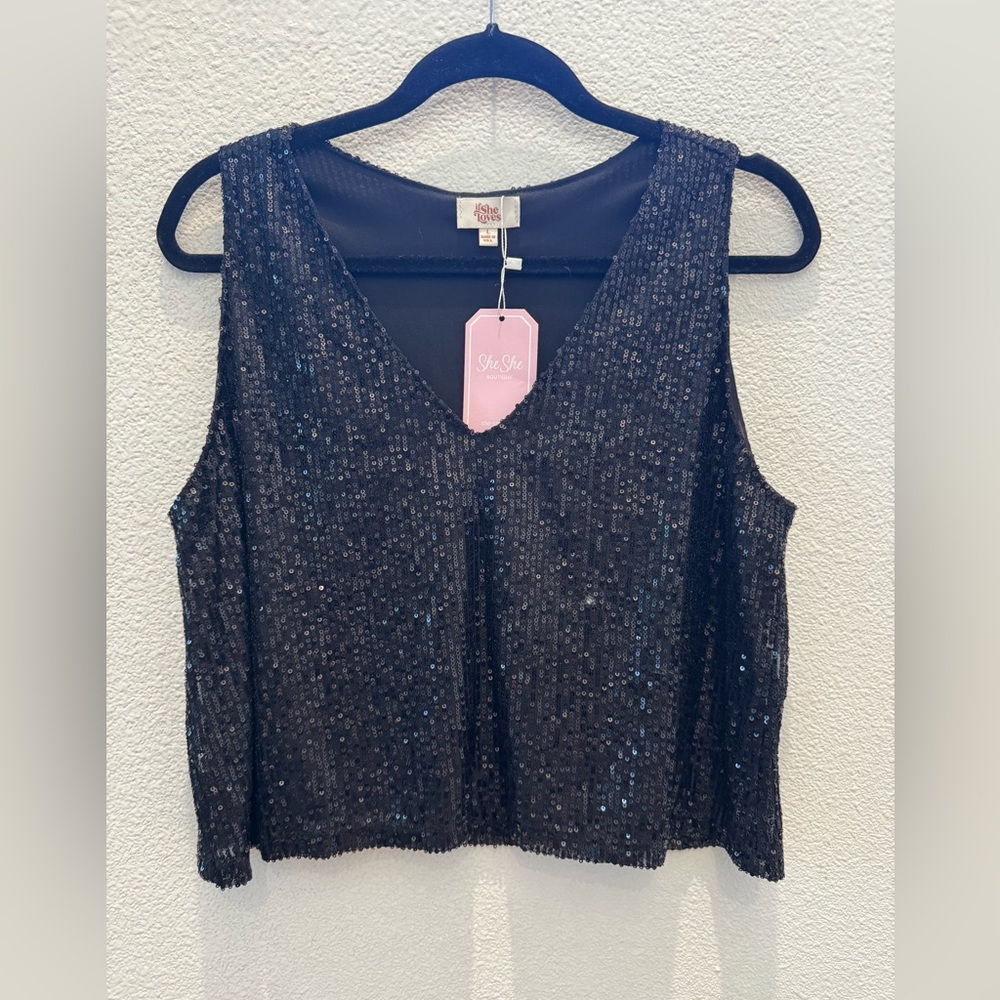 NWT black sequin v-neck sleeveless shell top from She She Boutique